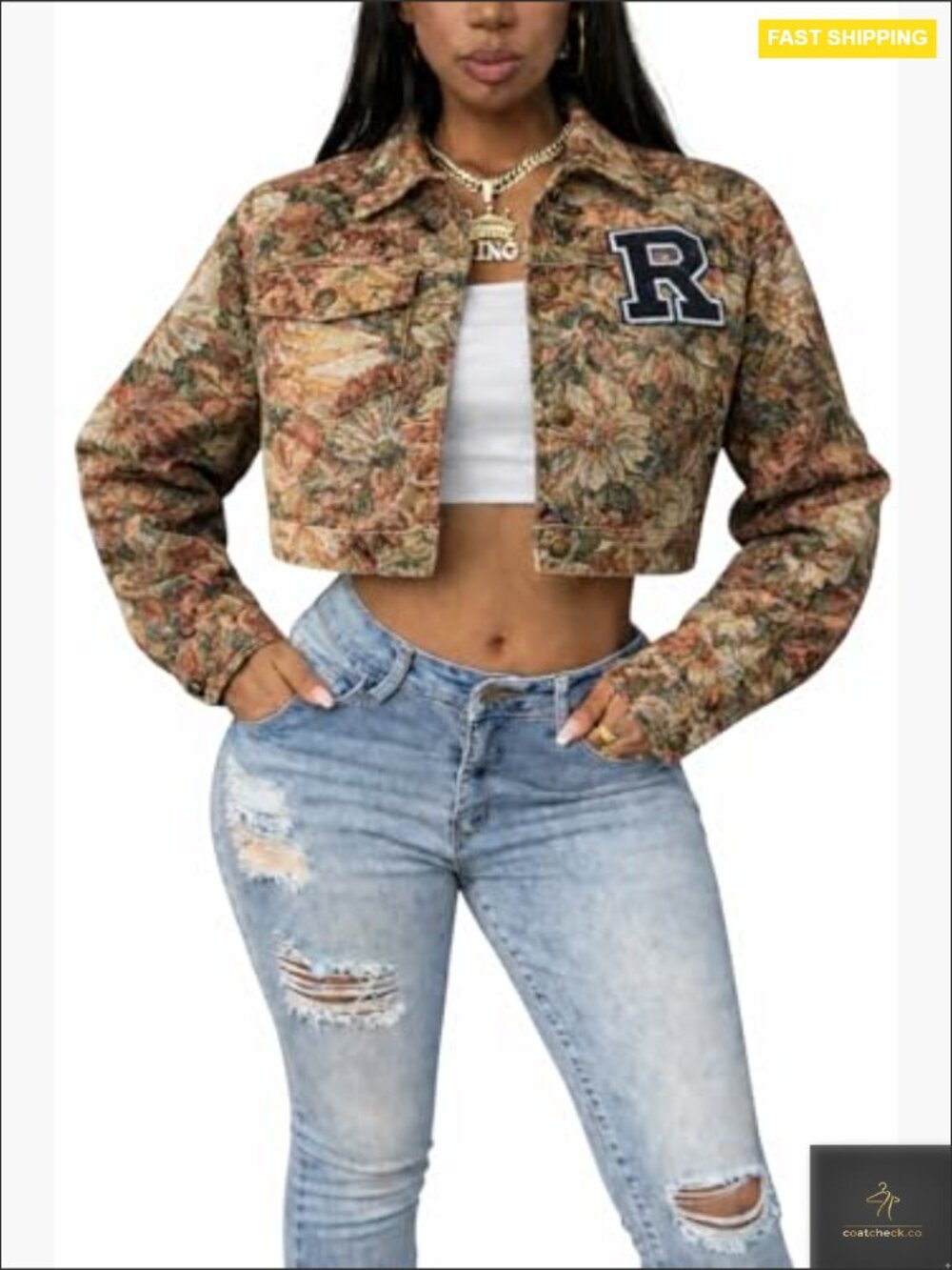 Cropped Jacquard Jacket Textured Floral Collared Button Up Lightweight with - Picture 6 of 7